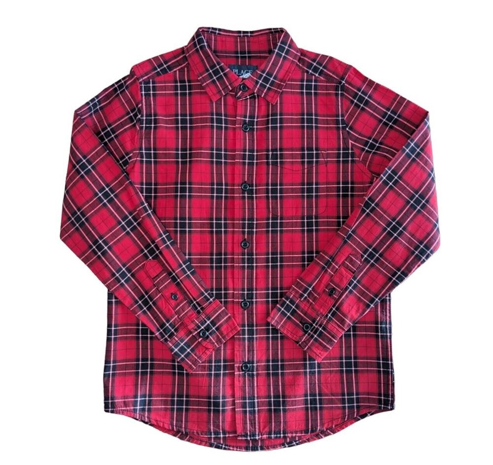 The Children's Place Boys Button Down Shirt M Red Tartan Plaid Holiday Festive